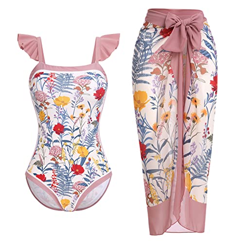 Badeanzug Damen Bauchweg Sexy V Ausschnitt Blume Druck Monokini Tankini Swimsuit Bademode + Wickelrock Pareo Sarong Tuch Zweiteiler Badekleid Schwimmanzug Sommer Strandkleid Strandmode Rosa-11 L von Odizli