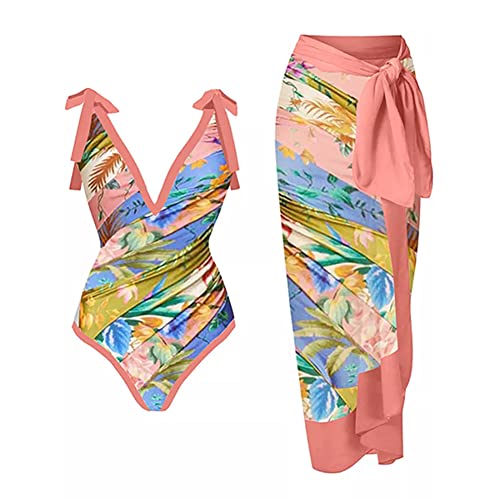 Badeanzug Damen Bauchweg Sexy V Ausschnitt Blume Druck Monokini Tankini Swimsuit Bademode + Wickelrock Pareo Sarong Tuch Zweiteiler Badekleid Schwimmanzug Sommer Strandkleid Strandmode Rosa-19 L von Odizli