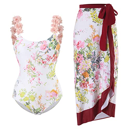 Badeanzug Damen Bauchweg Sexy V Ausschnitt Blume Druck Monokini Tankini Swimsuit Bademode + Wickelrock Pareo Sarong Tuch Zweiteiler Badekleid Schwimmanzug Sommer Strandkleid Strandmode Rosa-6 M von Odizli