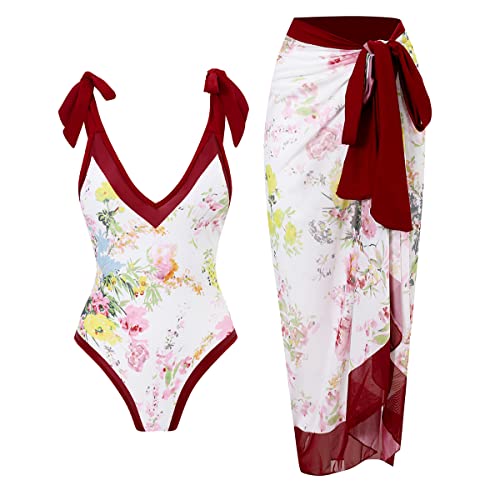 Badeanzug Damen Bauchweg Sexy V Ausschnitt Blume Druck Monokini Tankini Swimsuit Bademode + Wickelrock Pareo Sarong Tuch Zweiteiler Badekleid Schwimmanzug Sommer Strandkleid Strandmode Weinrot-2 L von Odizli