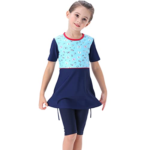Badeanzug Mädchen Kinder Burkini Muslim Muslimische Full Cover Schwimmanzug Islamisch Arabisch Jilbab Top Shorts Hijab Wassersport Surfen Outfit Ganzkörper Modest Bademode Blau Kurzarm 11-12 Jahre von Odizli