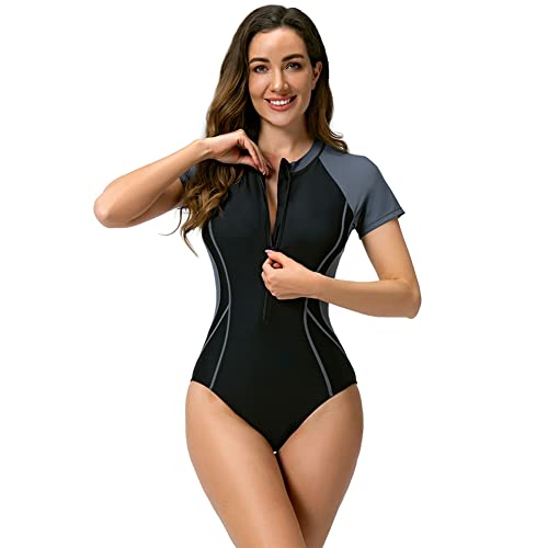 Badeanzug mit Bein Schwimmanzug Damen Burkini Muslimische Islamische Muslim Frauen Langarm/Kurzarm Blumen Druck Zip Up Neopren Kurz Neoprenanzug Rashguard Surfer Bademode Surfanzug Schwarz #11 L von Odizli