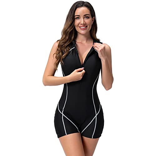 Badeanzug mit Bein Schwimmanzug Damen Burkini Muslimische Islamische Muslim Frauen Langarm/Kurzarm Blumen Druck Zip Up Neopren Kurz Neoprenanzug Rashguard Surfer Bademode Surfanzug Schwarz #13 XXL von Odizli