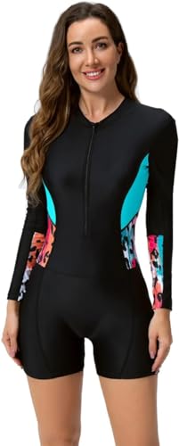 Badeanzug mit Bein Schwimmanzug Damen Burkini Muslimische Islamische Muslim Frauen Langarm/Kurzarm Blumen Druck Zip Up Neopren Kurz Neoprenanzug Rashguard Surfer Bademode Surfanzug Schwarz #14 XXL von Odizli