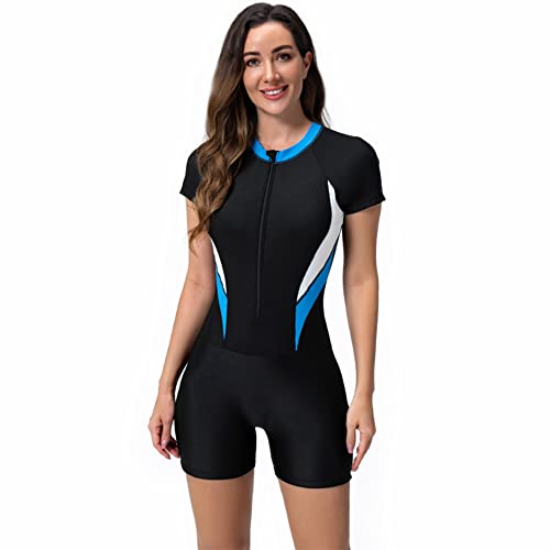 Badeanzug mit Bein Schwimmanzug Damen Burkini Muslimische Islamische Muslim Frauen Langarm/Kurzarm Blumen Druck Zip Up Neopren Kurz Neoprenanzug Rashguard Surfer Bademode Surfanzug Schwarz #15 L von Odizli