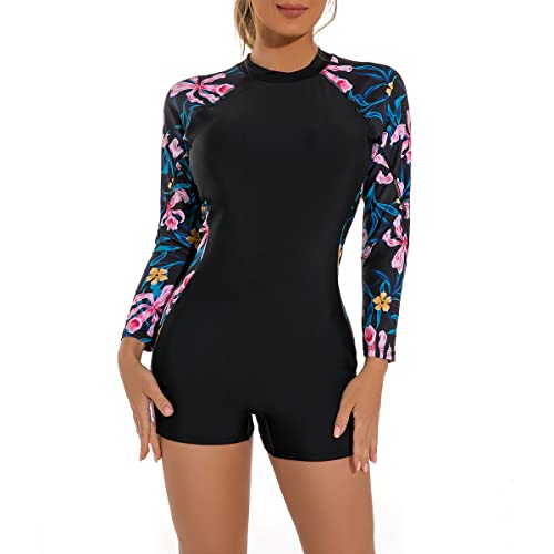 Badeanzug mit Bein Schwimmanzug Damen Burkini Muslimische Islamische Muslim Frauen Langarm/Kurzarm Blumen Druck Zip Up Neopren Kurz Neoprenanzug Rashguard Surfer Bademode Surfanzug Schwarz #6 L von Odizli