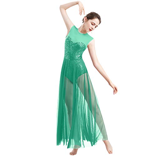 Ballettkleidung Damen Tanzkleid Ärmellos Cut-Out Pailletten Lang Tüllkleid Ballettkleid Eiskunstlauf Kleid Ballett Trikot Ballettanzug Turnanzug Gymnastikanzug Salsa Ballerina Dancewear Grün S von Odizli