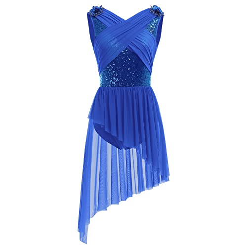 Ballettkleidung Damen Tanzkleid Ärmellos U-Rücken Glitzer Pailletten Blume Ballett Body Ballettanzug Asymmetrischer Tüllkleid Ballettkleid Salsa Ballerina Dancewear Eiskunstlauf Kleid Königsblau M von Odizli