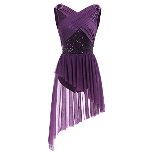 Ballettkleidung Damen Tanzkleid Ärmellos U-Rücken Glitzer Pailletten Blume Ballett Body Ballettanzug Asymmetrischer Tüllkleid Ballettkleid Salsa Ballerina Dancewear Eiskunstlauf Kleid Lila XL von Odizli