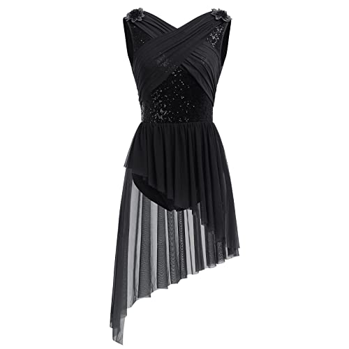 Ballettkleidung Damen Tanzkleid Ärmellos U-Rücken Glitzer Pailletten Blume Ballett Body Ballettanzug Asymmetrischer Tüllkleid Ballettkleid Salsa Ballerina Dancewear Eiskunstlauf Kleid Schwarz M von Odizli