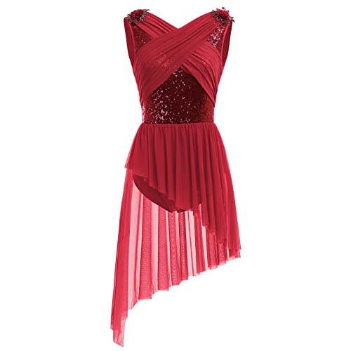 Ballettkleidung Damen Tanzkleid Ärmellos U-Rücken Glitzer Pailletten Blume Ballett Body Ballettanzug Asymmetrischer Tüllkleid Ballettkleid Salsa Ballerina Dancewear Eiskunstlauf Kleid Weinrot M von Odizli