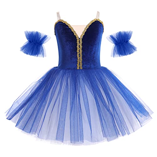 Ballettkleidung Mädchen Kinder Ärmellos V-Ausschnitt Ballettkleid Tanzbody Prinzessin Tutu Tüllkleid Ballettanzug Balletttrikot Balettkleider Ballerina Kleider Tanzkleid Königsblau Samt 5-6 Jahre von Odizli