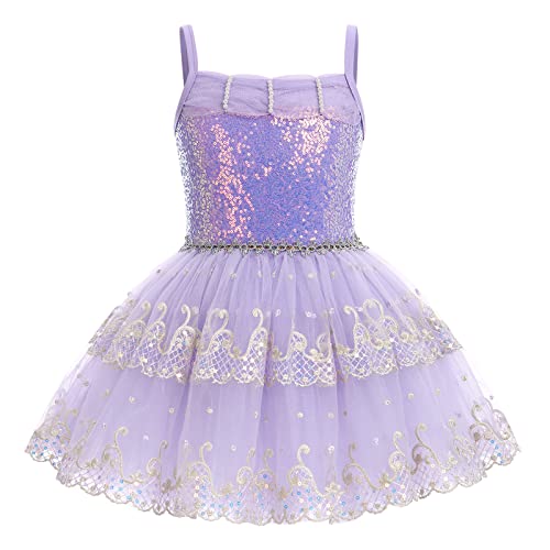 Ballettkleidung Mädchen Kinder Balettkleider Spaghetti Träger Glitzer Pailletten Bestickt Ballettkleid Turnanzug Tanzkleid Gymnastikanzug Prinzessin Tütü Tüllkleid Ballerina Kleid Lila 11-12 Jahre von Odizli