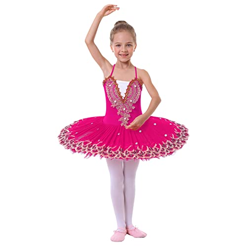 Ballettkleidung Mädchen Kinder Spaghettiträger Blume Feder Stickte Ballettkleid Tanzbody Turnanzug Tüll Tutu Tanzkleid Gymnastikanzug Ballettanzug Balletttrikot Ballerina Kleider A#Rose 7-8 Years von Odizli