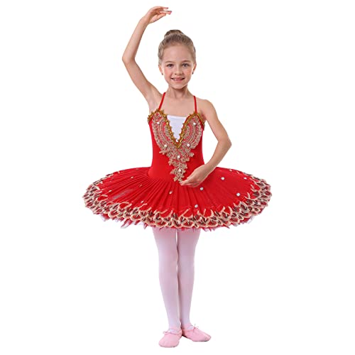 Ballettkleidung Mädchen Kinder Spaghettiträger Blume Feder Stickte Ballettkleid Tanzbody Turnanzug Tüll Tutu Tanzkleid Gymnastikanzug Ballettanzug Balletttrikot Ballerina Kleider A#Rot 5-6 Years von Odizli