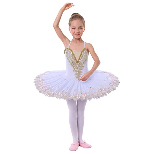 Ballettkleidung Mädchen Kinder Spaghettiträger Blume Feder Stickte Ballettkleid Tanzbody Turnanzug Tüll Tutu Tanzkleid Gymnastikanzug Ballettanzug Balletttrikot Ballerina Kleider A#Weiß 13-14 Years von Odizli