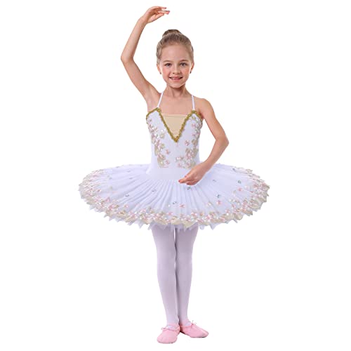 Ballettkleidung Mädchen Kinder Spaghettiträger Blume Feder Stickte Ballettkleid Tanzbody Turnanzug Tüll Tutu Tanzkleid Gymnastikanzug Ballettanzug Balletttrikot Ballerina Kleider B#Weiß 7-8 Years von Odizli