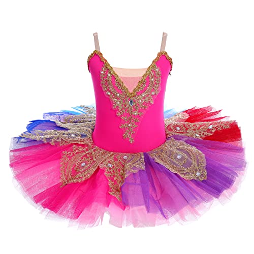 Ballettkleidung Mädchen Kinder Spaghettiträger Blume Feder Stickte Ballettkleid Tanzbody Turnanzug Tüll Tutu Tanzkleid Gymnastikanzug Ballettanzug Balletttrikot Ballerina Kleider Regenbogen 6-7 Jahre von Odizli