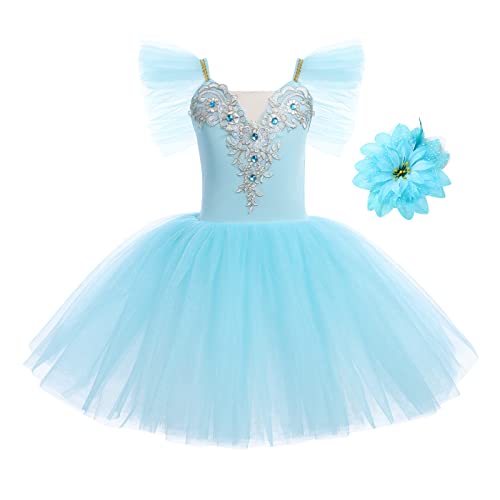 Ballettkleidung Mädchen Kinder Tüll Fliegende Ärmel Blumenstickerei Strass Ballettkleid Tanzbody Turnanzug Tutu Tanzkleid Gymnastikanzug Ballettanzug Balletttrikot Ballerina Kleider Blau 5-6 Jahre von Odizli