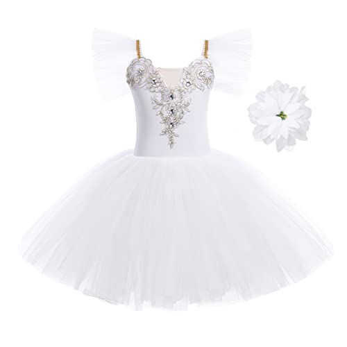 Ballettkleidung Mädchen Kinder Tüll Fliegende Ärmel Blumenstickerei Strass Ballettkleid Tanzbody Turnanzug Tutu Tanzkleid Gymnastikanzug Ballettanzug Balletttrikot Ballerina Kleider Weiß 5-6 Jahre von Odizli