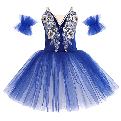 Ballettkleidung Mädchen Kinder V-Ausschnitt Pailletten Blumen Ballettkleid Tanzbody Prinzessin Tutu Tüllkleid Ballettanzug Ballett Trikot Balettkleider Ballerina Kleid Tanzkleid Königsblau 11-12 Jahre von Odizli