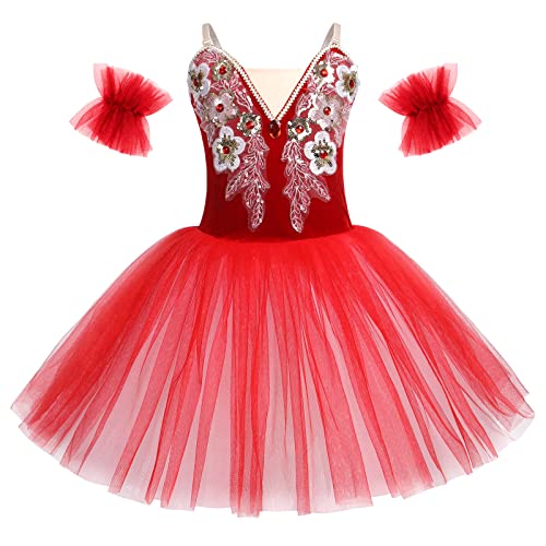 Ballettkleidung Mädchen Kinder V-Ausschnitt Pailletten Blumen Ballettkleid Tanzbody Prinzessin Tutu Tüllkleid Ballettanzug Ballett Trikot Balettkleider Ballerina Kleider Tanzkleid Rot 11-12 Jahre von Odizli