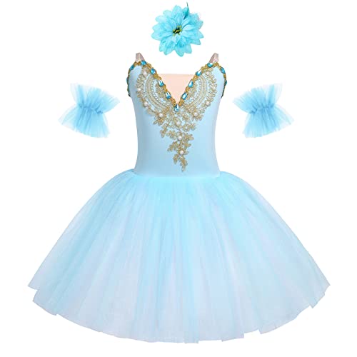 Ballettkleidung Mädchen Spaghetti V-Ausschnitt Ballettkleid Kinder Tanzbody Prinzessin Tutu Tüllkleid Ballettanzug Ballett Trikot Balettkleider Ballerina Kleid Tanzkleid+Kopfschmuck Blau#1 3-4 Jahre von Odizli