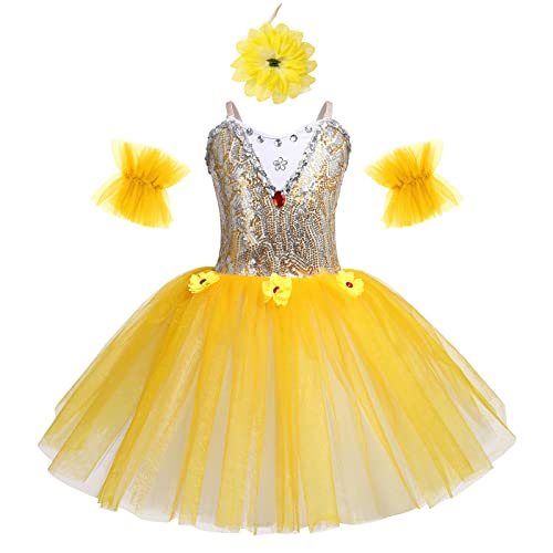 Ballettkleidung Mädchen Spaghetti V-Ausschnitt Ballettkleid Kinder Tanzbody Prinzessin Tutu Tüllkleid Ballettanzug Ballett Trikot Balettkleider Ballerina Kleid Tanzkleid+Kopfschmuck Gelb#2 11-12 Jahre von Odizli