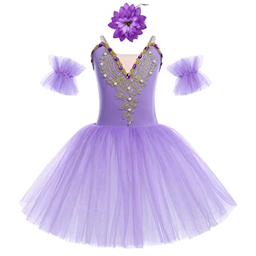 Ballettkleidung Mädchen Spaghetti V-Ausschnitt Ballettkleid Kinder Tanzbody Prinzessin Tutu Tüllkleid Ballettanzug Ballett Trikot Balettkleider Ballerina Kleid Tanzkleid+Kopfschmuck Lila#1 11-12 Jahre von Odizli