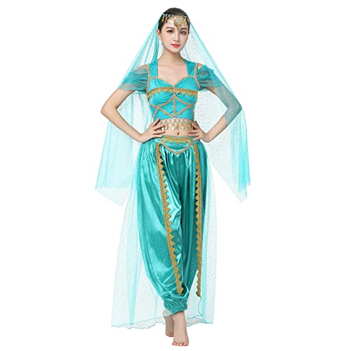 Bauchtanz Kostüm Damen Crop Top + Laterne Hosen Belly Dancer Outfit Erwachsene Aladin Jasmin Prinzessin Verkleidung Sari Indianer Wahrsagerin Cosplay Halloween Karneval Faschingskostüme Grün XL von Odizli