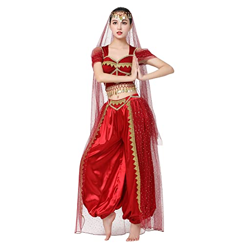 Bauchtanz Kostüm Damen Crop Top + Laterne Hosen Belly Dancer Outfit Erwachsene Aladin Jasmin Prinzessin Verkleidung Sari Indianer Wahrsagerin Cosplay Halloween Karneval Faschingskostüme Rot M von Odizli