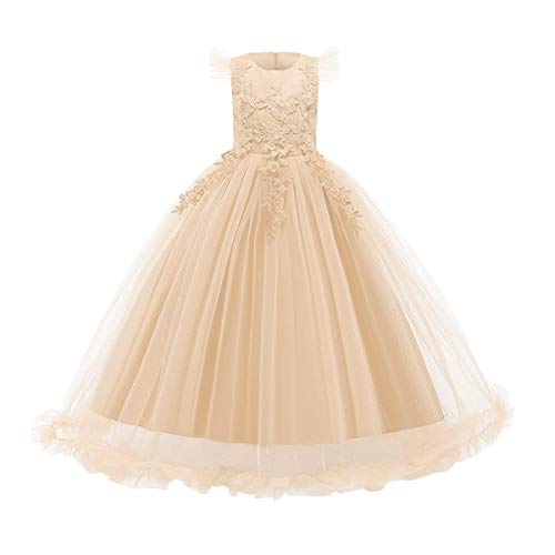 Blumenmädchenkleid Prinzessin Kleid Mädchen Kinder Party Boho Tüllkleid Erstkommunion Hochzeit Brautjungfer Puffy Langes Abendkleid Geburtstag Festliche Weihnachten Ballkleid Champagner 7-8 Jahre von Odizli