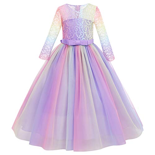 Blumenmädchenkleider Kinder Mädchen 3/4 Ärmel Spitze Tüllkleid Prinzessin Kleid Festlich Hochzeit Brautjungfer Erstkommunion Geburtstag Party Abendkleid Lang Ballkleid Lila-Regenbogen 7-8 Jahre von Odizli
