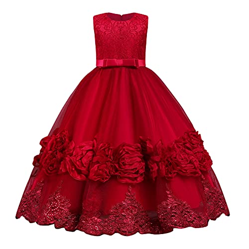 Blumenmädchenkleider Kinder Mädchen 3D Blume Spitze Stickerei Prinzessin Kleid A-Linie Tüllkleid Festliche Hochzeit Erstkommunion Geburtstag Partykleid Abendkleid Lang Ballkleid A#Rot 7-8 Jahre von Odizli