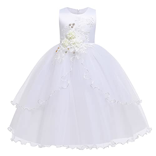 Blumenmädchenkleider Kinder Mädchen Ärmellos Satin 3D Blumen Stickerei Prinzessin Kleid A-Linie Tüllkleid Festliche Erstkommunion Hochzeit Geburtstag Party Lang Abendkleid Ballkleid A#Weiß 13-14 Jahre von Odizli