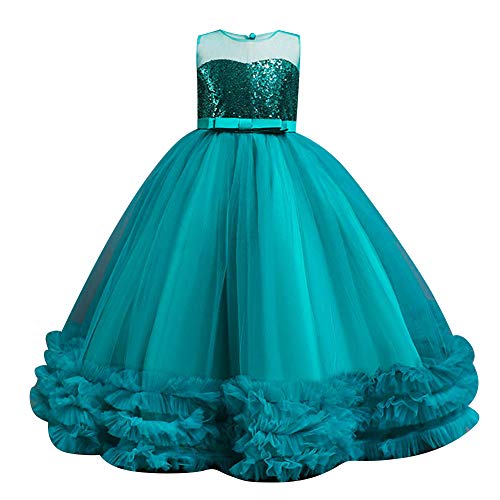 Blumenmädchenkleider Kinder Mädchen Ärmellose Glitzer Pailletten Bowknot Tüllkleid Prinzessin Kleid Festliche Hochzeit Erstkommunion Geburtstag Partykleid Abendkleid Lang Ballkleid Grün 6-7 Jahre von Odizli