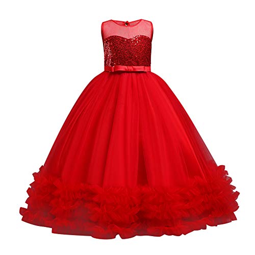 Blumenmädchenkleider Kinder Mädchen Ärmellose Glitzer Pailletten Bowknot Tüllkleid Prinzessin Kleid Festliche Hochzeit Erstkommunion Geburtstag Partykleid Abendkleid Lang Ballkleid Rot 9-10 Jahre von Odizli