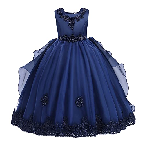 Blumenmädchenkleider Kinder Mädchen Abendkleid Ärmellose Perle Bowknot Prinzessin Tüllkleid Festliche Hochzeit Brautjungfern Erstkommunion Geburtstag Party Lang Prom Ballkleid Dunkelblau 10-11 Jahre von Odizli