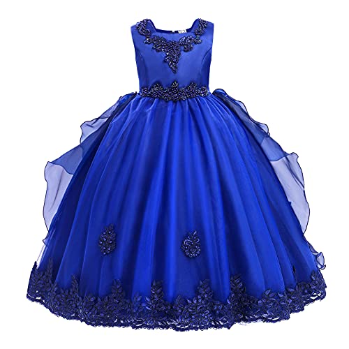 Blumenmädchenkleider Kinder Mädchen Abendkleid Ärmellose Perle Bowknot Prinzessin Tüllkleid Festliche Hochzeit Brautjungfern Erstkommunion Geburtstag Party Lang Prom Ballkleid Königsblau 10-11 Jahre von Odizli