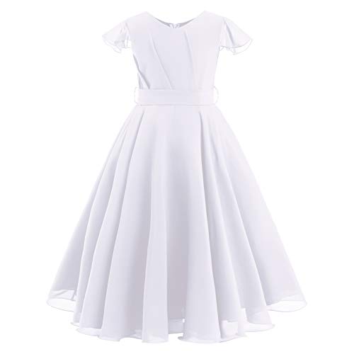 Blumenmädchenkleider Kinder Mädchen Boho Lange Chiffon Prinzessin Kleid Festliche Hochzeit Erstkommunion Kommunionkleid A-Linie Brautjungfern Abendkleid Ballkleid Party Sommerkleid Weiß 7-8 Jahre von Odizli