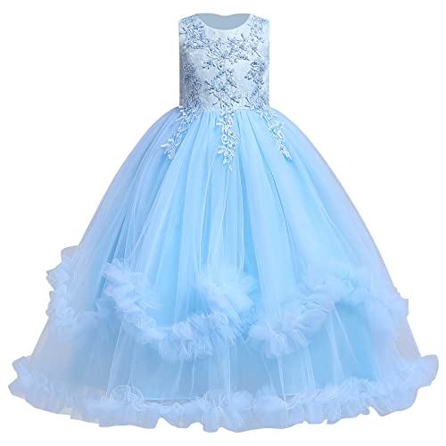Blumenmädchenkleider Kinder Mädchen Lang Ballkleid Blumenstickerei Prinzessin Kleid A-Linie Tüllkleid Festliche Hochzeit Kommunionkleid Erstkommunion Geburtstag Party Abendkleid Blau 7-8 Jahre von Odizli