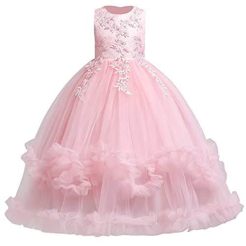 Blumenmädchenkleider Kinder Mädchen Lang Ballkleid Blumenstickerei Prinzessin Kleid A-Linie Tüllkleid Festliche Hochzeit Kommunionkleid Erstkommunion Geburtstag Party Abendkleid Rosa 5-6 Jahre von Odizli