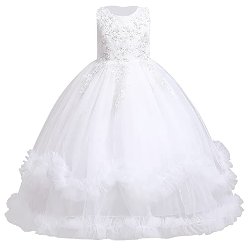 Blumenmädchenkleider Kinder Mädchen Lang Ballkleid Blumenstickerei Prinzessin Kleid A-Linie Tüllkleid Festliche Hochzeit Kommunionkleid Erstkommunion Geburtstag Party Abendkleid Weiß 13-14 Jahre von Odizli