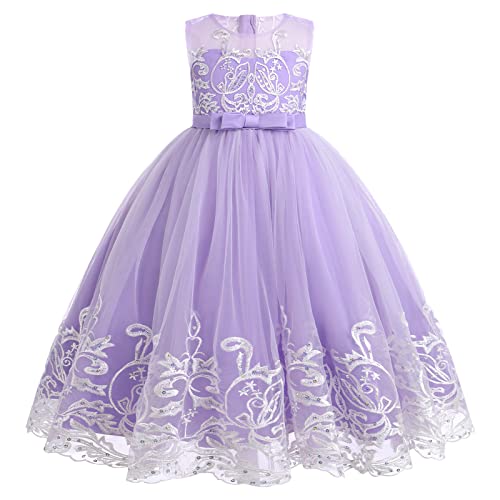 Blumenmädchenkleider Kinder Mädchen Stickerei Prinzessin Kleid A-Linie Tüllkleid Festliche Hochzeit Brautjungfern Erstkommunion Geburtstag Partykleid Abendkleid Lang Ballkleid Lila 6-7 Jahre von Odizli