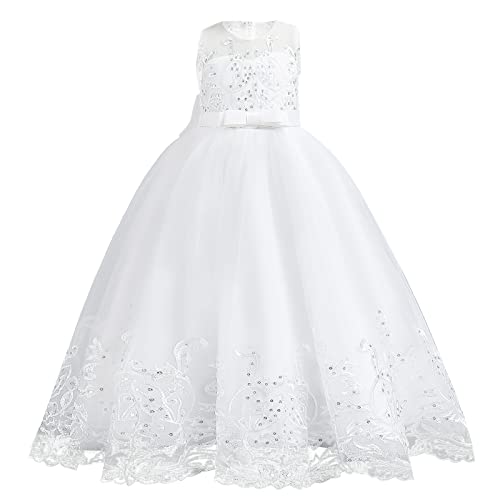 Blumenmädchenkleider Kinder Mädchen Stickerei Prinzessin Kleid A-Linie Tüllkleid Festliche Hochzeit Kommunionkleid Erstkommunion Geburtstag Partykleid Abendkleid Lang Ballkleid Weiß 7-8 Jahre von Odizli