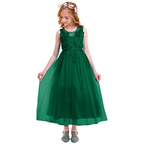 Blumenmädchenkleider Prinzessin Kleid Mädchen Kinder Ärmellos Blumen Spitze Stickerei Festliche Tüllkleid Hochzeit Erstkommunion Geburtstag Partykleid Langes Abendkleid Ballkleid Grün 6-7 Jahre von Odizli