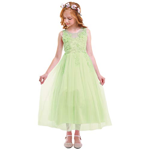 Blumenmädchenkleider Prinzessin Kleid Mädchen Kinder Ärmellos Blumen Spitze Stickerei Festliche Tüllkleid Hochzeit Erstkommunion Geburtstag Partykleid Langes Abendkleid Ballkleid Hellgrün 11-12 Jahre von Odizli