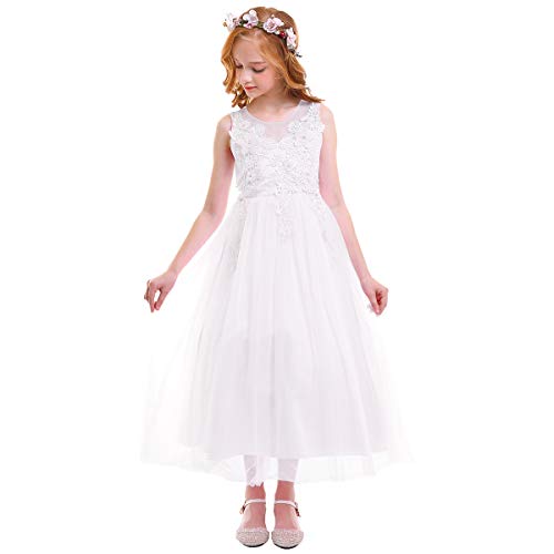 Blumenmädchenkleider Prinzessin Kleid Mädchen Kinder Ärmellos Blumen Spitze Stickerei Festliche Tüllkleid Hochzeit Erstkommunion Geburtstag Partykleid Langes Abendkleid Ballkleid Weiß 6-7 Jahre von Odizli