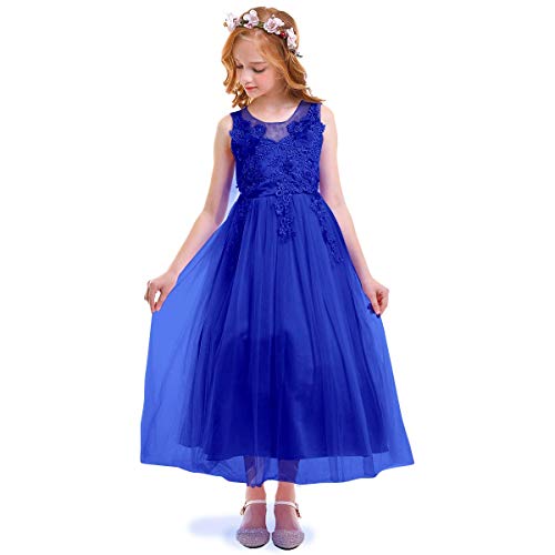 Blumenmädchenkleider Prinzessin Kleid Mädchen Kinder Ärmellos Blumen Stickerei Festliche Tüllkleid Hochzeit Erstkommunion Geburtstag Partykleid Langes Abendkleid Ballkleid Königsblau 13-14 Jahre von Odizli