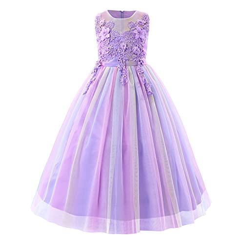 Blumenmädchenkleider Prinzessin Kleid Mädchen Kinder Ärmellos Blumen Stickerei Festliche Tüllkleid Hochzeit Erstkommunion Geburtstag Partykleid Langes Abendkleid Ballkleid Lila Regenbogen 5-6 Jahre von Odizli